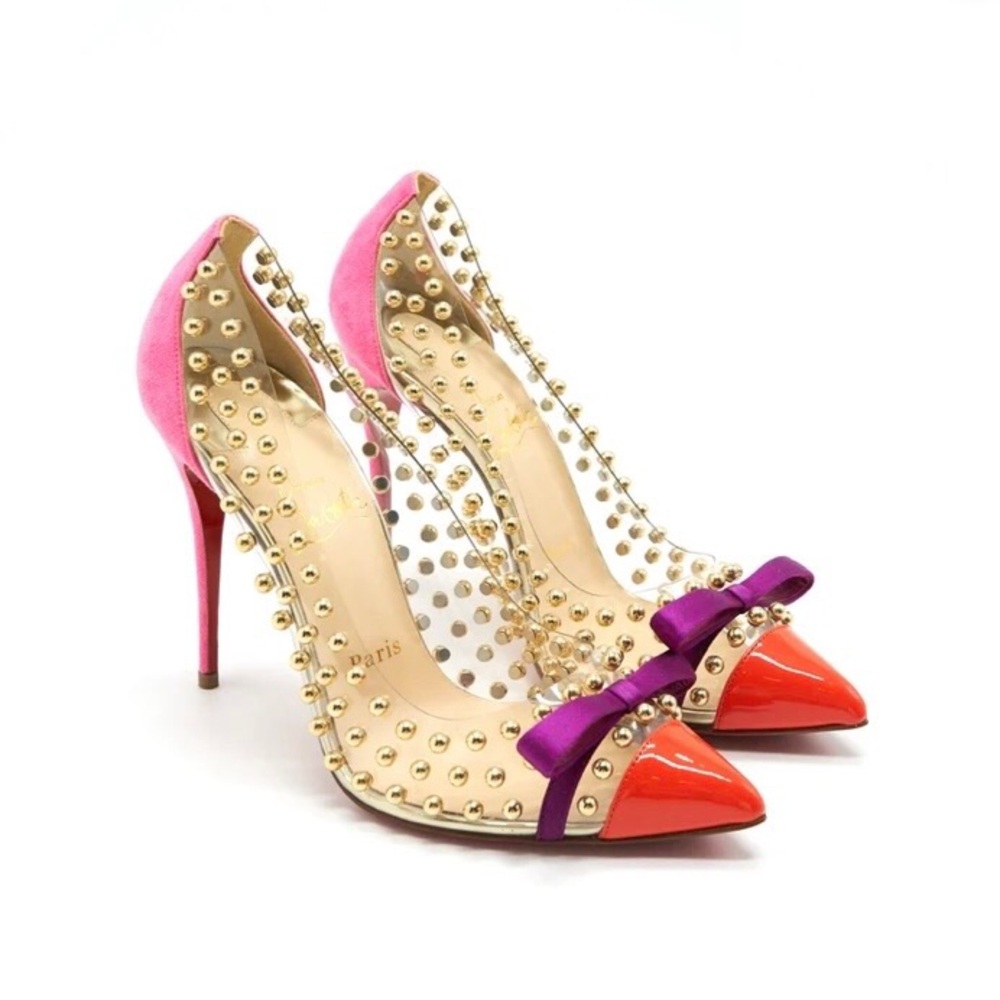 NWOT Christian Louboutin Bille Et Boule Patent Leather PVC Suede Beaded Heels 7